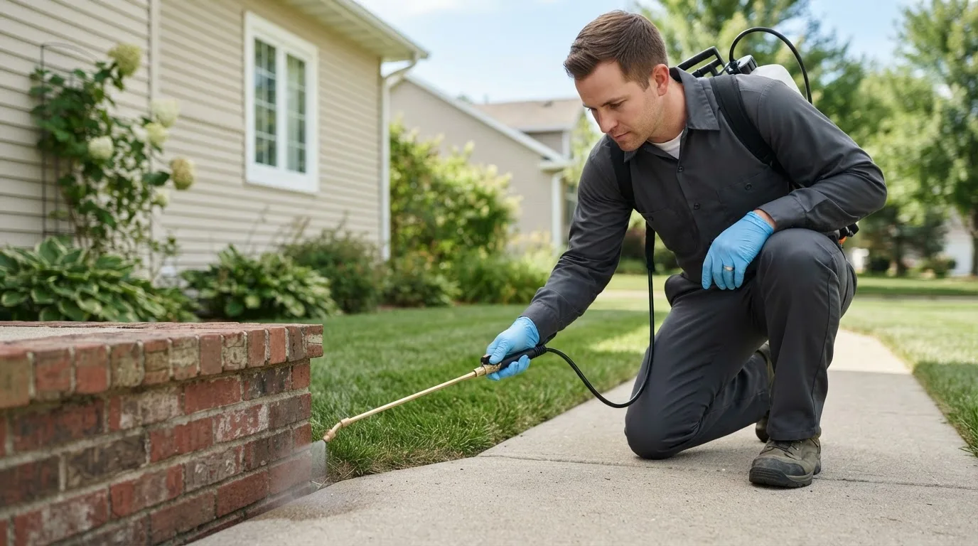 Pest control technician treating a home near Alden, MI
