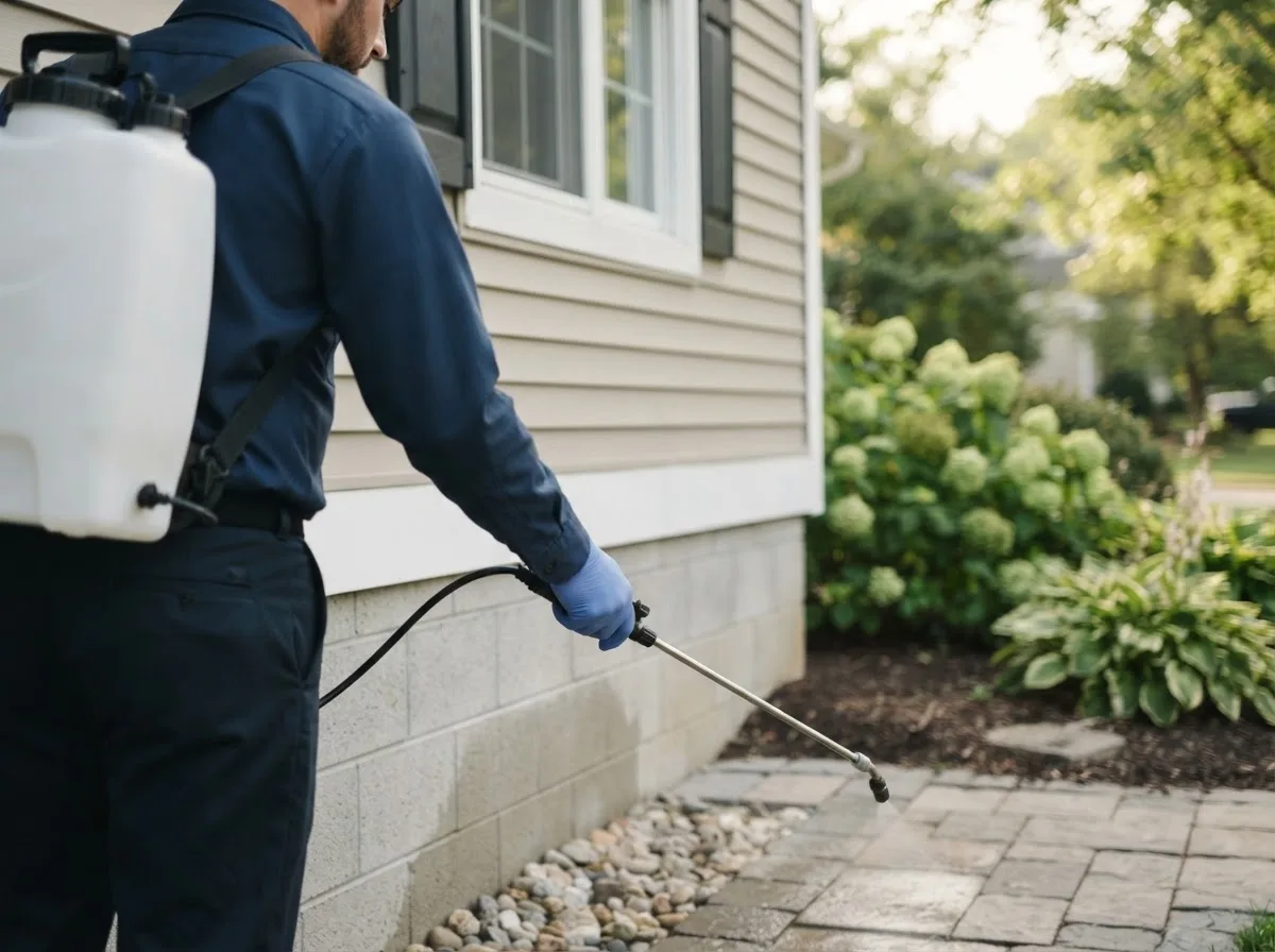 Pest control technician inspecting a home in Alden, MI